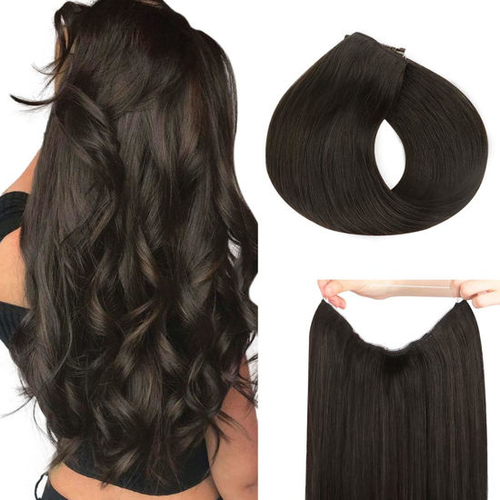 Picture of HOTBANANA Wire Hair Extensions, 20 inch 110g Dark Brown Fish Line Hair Extensions Real Human Hair Straight Invisible Wire Hair Extensions Remy Hair Extensions