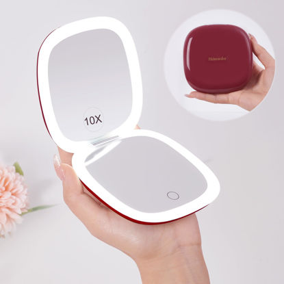 Picture of Mocado Compact LED Travel Makeup Mirror - 4 Inches 1X/10X Magnification Travel Mirror with Light Dimmable Double Sides Lighted USB Rechargeable Compact Mirror for Purse,Pocket,Travel(Wine Red)