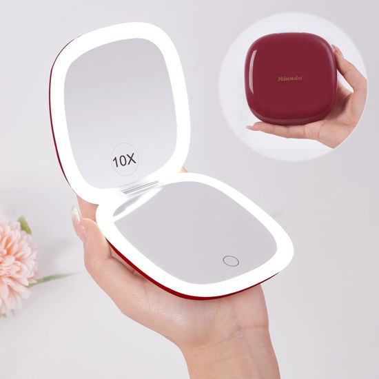 Picture of Mocado Compact LED Travel Makeup Mirror - 4 Inches 1X/10X Magnification Travel Mirror with Light Dimmable Double Sides Lighted USB Rechargeable Compact Mirror for Purse,Pocket,Travel(Wine Red)
