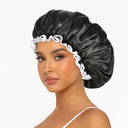 Picture of Luvruitaky Shower Cap Large Reusable Shower Cap for Women 13 Inches Double Layer Waterproof Bath Hair Caps Black Oversized Adjustable Design for All Hair Lengths