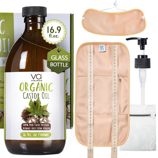 Picture of Pure Castor Oil Organic Cold Pressed Unrefined Glass Bottle-Castor Oil Wrap with 100% Cotton Flannel-Organic Castor Oil Pack Wrap-Waist & Neck Castor Oil Packs -Castor Oil Hexane Free.