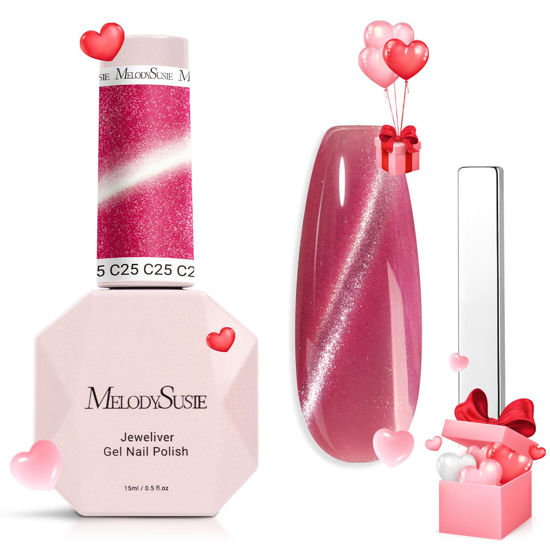 Picture of MelodySusie Jeweliver Cat Eye Gel Nail Polish, 0.5 Fl Oz Hot Pink Glitter Holographic Magnetic Nail Polish with Magnet, UV Nail Polish for Nail Art Manicure Salon DIY at Home-C25