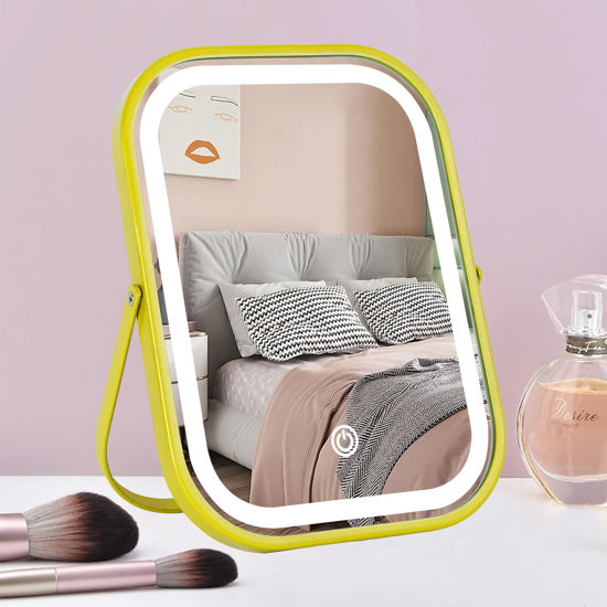 Picture of YEKKOPT Rechargeable Vanity Mirror with Lights, Lighted Makeup Mirror with Lights,Portable Travel Desk Mirror with Lights, Smart Touch Control Dimmable 3 Modes Light