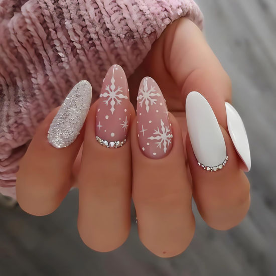 Picture of Almond Press on Nails White Snowflake Fake Nails Medium Length Christmas False Nails with Glitter Rhinestone Design Reusable Winter Nails Press ons Acrylic Glue on Nails Cute Stick on Nails for Women