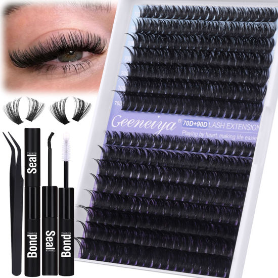 Picture of Geeneiya Wispy Lash Clusters Kit 70D+90D Lash Extension Kit 10-18mm Natural Cluster Eyelash Extensions Kit Individual Lashes with Waterproof Lash Bond and Seal Glue, Lash Tweezers (300PCS)