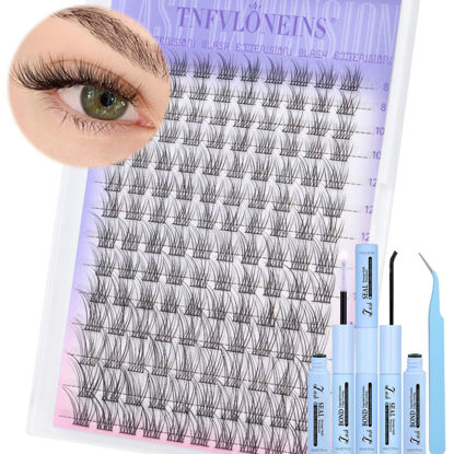 Picture of TNFVLONEINS Lash Clusters Kit Natural Eyelash Extension Kit Wispy Lash Extension Kit C Curl Cluster Eyelash Extensions Individual Lashes Kit DIY Eyelash Clusters Kit with Bond and Seal and Tweezers