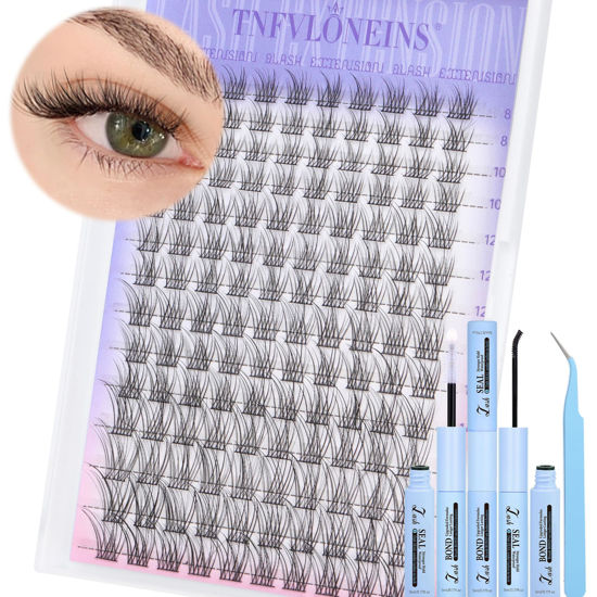 Picture of TNFVLONEINS Lash Clusters Kit Natural Eyelash Extension Kit Wispy Lash Extension Kit C Curl Cluster Eyelash Extensions Individual Lashes Kit DIY Eyelash Clusters Kit with Bond and Seal and Tweezers