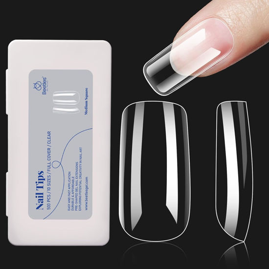 Picture of Medium Square Nail Tips, 500Pcs Beetles Gel X Nail Kit Medium Square Pre Shaped Clear Full Cover False Nails for Gel Art Polish Soak Off Lamp Nail Extensions Acrylic Press on Nail Tips