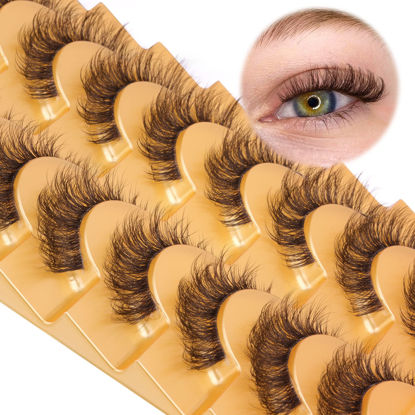 Picture of Brown Lashes Eyelashes Cat Eye Natural Look Lash Extension D Curl Wispy Clear Band Brown Eyelashes Fluffy Faux Mink Lashes Pack by Mavphnee