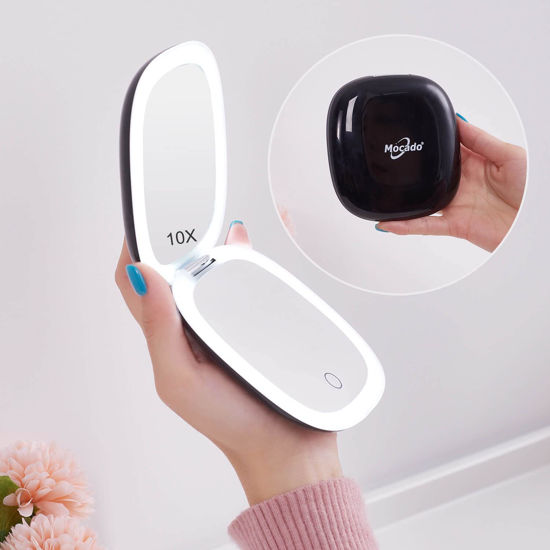 Picture of Compact LED Magnifying Travel Makeup-Mirror - 4 inches 1X/10X Magnification Small Hand Pocket Dimmable Double Sided USB Rechargeable Touch Screen, Portable Tabletop Cosmetic (Black)