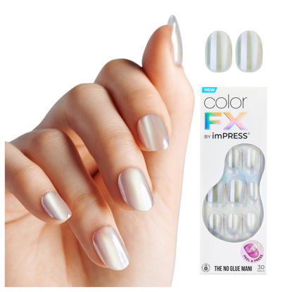 Picture of KISS colorFX by imPRESS Press On Nails, ‘Sour Love’, Solid White with Pearlescent Finish, Short Oval, New & Improved Adhesive, Includes 30 Fake Nails, Prep Pad, 1 Manicure Stick, 1 Mini Nail File