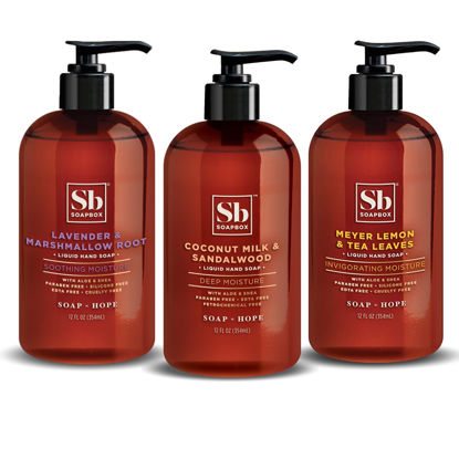 Picture of Soapbox Hand Soap Variety Pack (Coconut, Lavender, Meyer Lemon) Liquid Hand Soap, Moisturizing Wash with Shea Butter & Aloe Vera, Pack of 3 Bottles with Pump Dispenser, 12oz Each