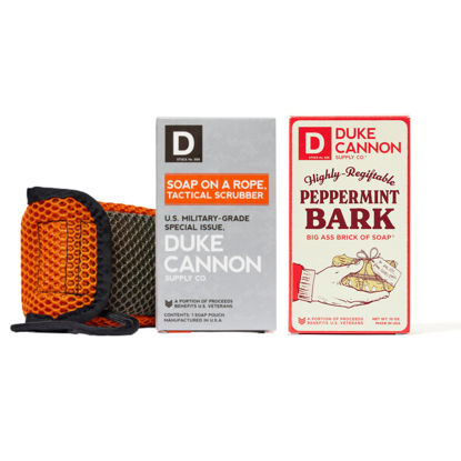 Picture of Duke Cannon Supply Co. Soap & Scrubber Bundle | Highly-Regiftable Peppermint Bark Soap Bar (Peppermint Scent) & Tactical Soap Pouch Holder | Military-Grade Grooming Essentials | 10 oz (2 Piece Set)