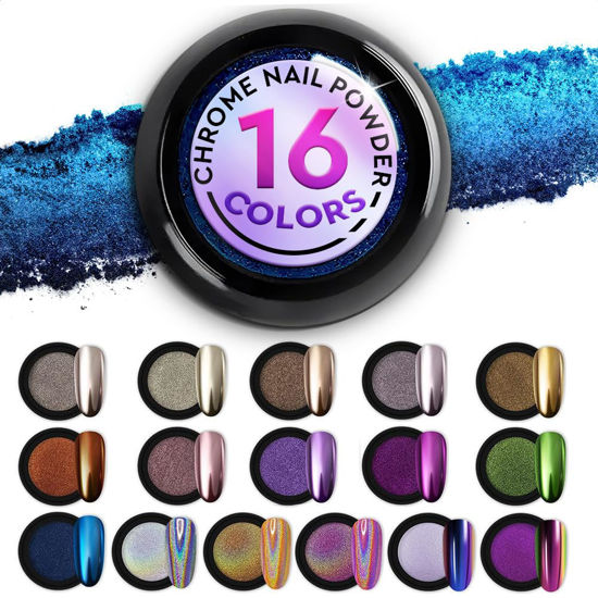 Picture of Chrome Nail Powder Set - 16 Jars Chrome Powder for Nails Gold Chrome Nail Powder Kit Nail Chrome Powder for Gel Nails Red Chrome Nail Powder - Nail Glitter for Nail Art Holographic Glitter for Nails