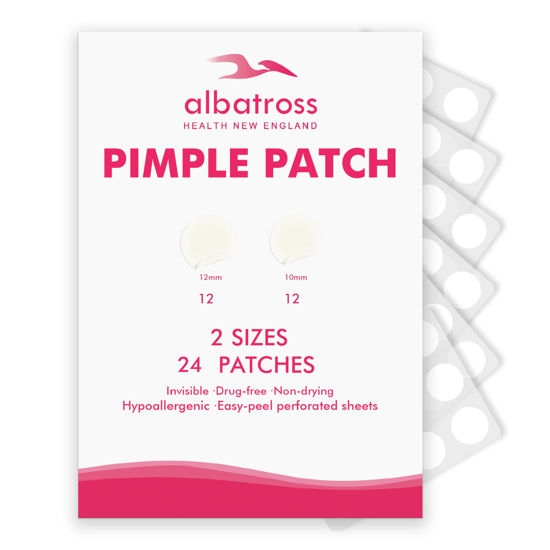 Picture of Albatross Health New England Invisible Pimple Patches for face, plain Hydrocolloid Acne Patches, Spot Dots Cover, Zit Blemish Patch, 2 Sizes 24 Counts
