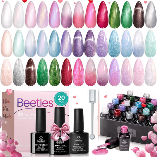 Picture of Beetles Pearl Gel Nail Polish Set - 20 Colors Cat Eye Glitter Pink Red Gel Polish Spring Mermaid Swirl Thread Effect Soak Off Uv Led White Blue Shell Thread Drawing Gel Polish DIY Manicure Art Gift