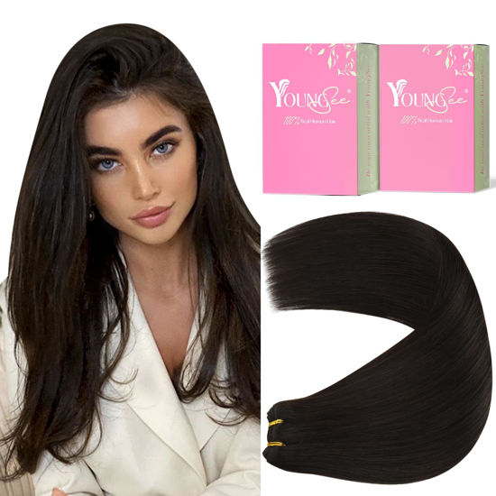 Picture of YoungSee Sew in Hair Extensions Brown Weft Human Hair Extensions Brazilian Weft Hair Extensions Real Human Hair Brown Sew in Human Hair Extensions with no Shedding 18Inch 100G