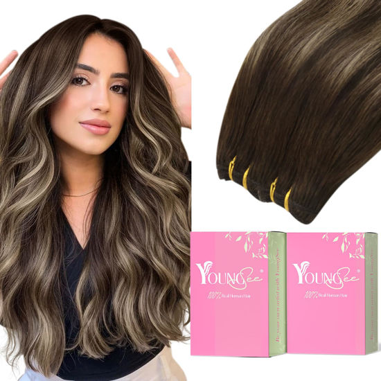 Picture of YoungSee Weft Hair Extensions Balayage Sew in Hair Extensions Dark Brown Fading to Caramel Blonde Mix Brown Balayage Human Hair Weft Extensions No Smell No Shedding 16Inch 100G