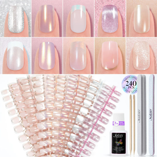 Picture of Press on Nails Short 10 Styles, Jofay Fashion 240Pcs Salon-Like Fake Nails with Cat Eye Nails & French Tip Press on Nails Designs, Artificial Acrylic Nails Gel Glue on Nails Stick on Nails for Women