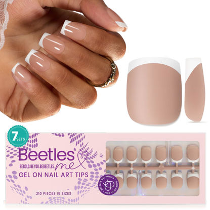 Picture of Beetles Press On Nails Square- French Tip Nails 210pcs Short Square Brown Soft Gel Nail Tips Pre-applied Tip Primer No Need File False Nails for Nail Art DIY 15 Sizes