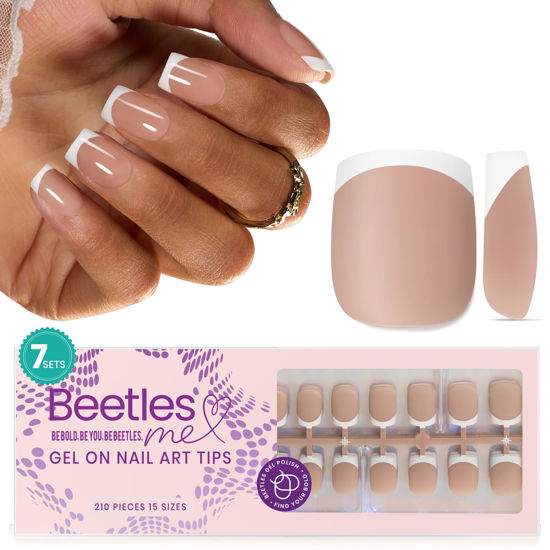 Picture of Beetles Press On Nails Square- French Tip Nails 210pcs Short Square Brown Soft Gel Nail Tips Pre-applied Tip Primer No Need File False Nails for Nail Art DIY 15 Sizes