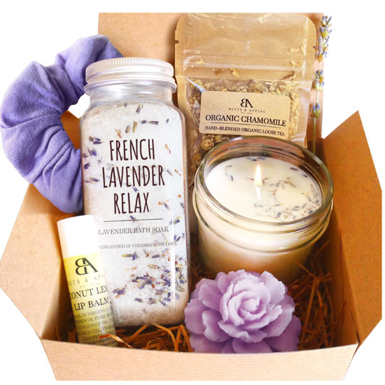Picture of Beets and Apples Lavender Spa Gift Basket, Christmas Gift Baskets for Women, Holiday Gift Ideas for Her, Care gift pacakge, Lavender Spa Gift Set Handmade in USA (French Lavender)