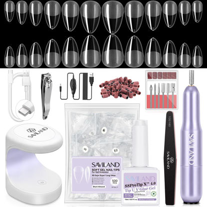 Picture of SAVILAND Pro Gel X Nail Kit 30-Day Wearing: Short Almond 12 Sizes Gel Nail Kit With Nail Drill 500 PCS Gel X Tips Strong Nail Glue Gel U V Nail Lamp Portable for Nail Extension Salon DIY Gifts Women