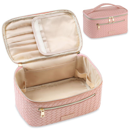 Picture of SFXULIX Makeup Bag,Portable Cosmetic Bag,Large Capacity Travel Cosmetic Bag,PU Leather Waterproof Travel Makeup Bag for Girls Traveling With Handle and Divider Makeup Organizer Bag (Pink)