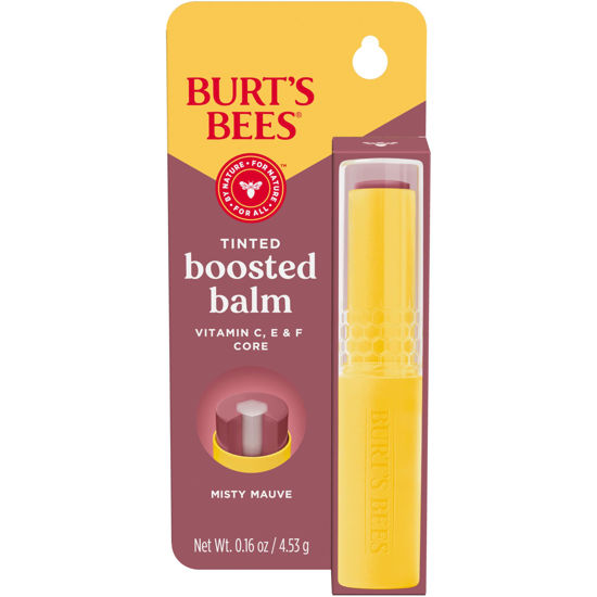 Picture of Burt’s Bees Tinted Boosted Balm Misty Mauve; Nourishing Vitamin C, E, and F Core; 24 Hour Moisture; Buildable Color with a Semi Glossy Finish; 100% Natural Origin; 1 Tube; 0.16 Oz.