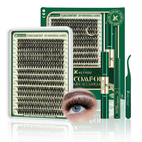 Picture of KEYYOU DIY Lash Extension Kit 300pcs Soft Lash Clusters 60D D Curl Easy to Apply with Lash Bond and Seal Lash Applicator Lash Remover Eyelash Extension Kit at Home(RMkit-60D-D-9-18mix)