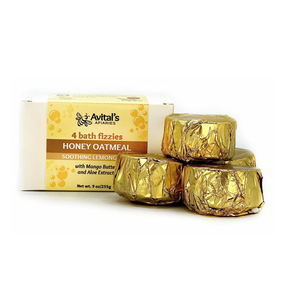 Picture of 4 Handmade Raw Honey & Colloidal Oatmeal Bath Bombs with Lavender & Lemongrass Essential Oils to soothe hydrate dry skin