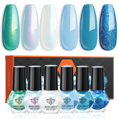 Picture of modelones Nail Polish Set, 6 Colors White Blue Green Glitter Quick Dry Mini Starter Kit, Long Lasting Art DIY Manicure Set at Home for Women Girls