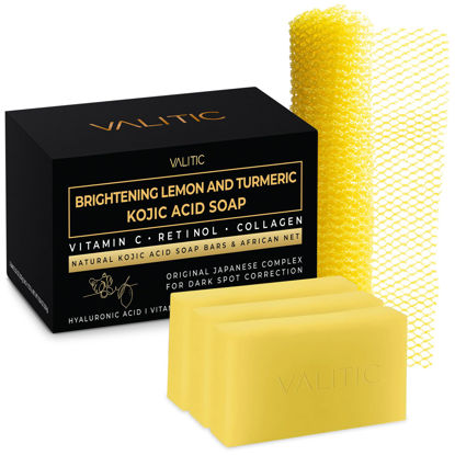 Picture of VALITIC Brightening Lemon and Turmeric Kojic Acid Soap - Vitamin C, Retinol - Original Japanese Complex with Hyaluronic Acid, Vitamin E, Shea Butter, Castile Olive Oil - 3 Pack and African Net Sponge