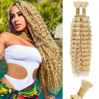Picture of 613 Blonde Human Braiding Hair Deep Water Wave Bulk Human Hair 100g 16 Inch Curly Human Hair for Boho Braids Hair Extensions No Weft 2 Braids Per Pack Wet and Wavy Human Hair Braiding Hair