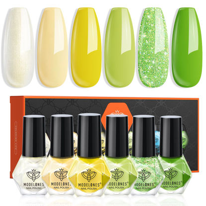 Picture of modelones Nail Polish Set, 6 Colors White Green Glitter Yellow Quick Dry Mini Starter Kit, Long Lasting Art DIY Manicure Set at Home for Women Girls