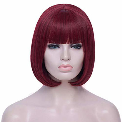 Picture of Bopocoko Burgundy Red Bob Wigs for Women 12'' Short Straight Wig with Bangs Flapper Costume Cosplay Wig Natural Looking Hair Wigs BU027B