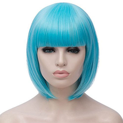 Picture of Blue Bob Wig Short Hair Wigs with Bangs Womens Straight Synthetic Wig Natural As Real Hair 12'' with Wig Cap BU027BL