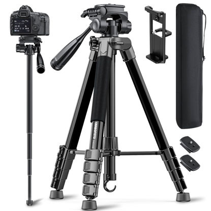 Picture of CAMBOFOTO 73" Camera Tripod and Monopod, Professional Aluminum Tripod Stand for Mirrorless Camera/DSLR/Cell Phone/Camcorder/GoPro, with Phone Holder and Travel Bag (Black)