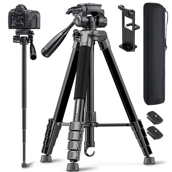 Picture of CAMBOFOTO 73" Camera Tripod and Monopod, Professional Aluminum Tripod Stand for Mirrorless Camera/DSLR/Cell Phone/Camcorder/GoPro, with Phone Holder and Travel Bag (Black)
