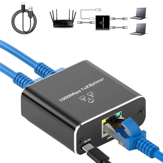 Picture of Pushua Gigabit Ethernet Splitter 1 to 2 High Speed, 1000Mbps Internet Splitter 1 in 2 out, LAN Splitter with USB Power Cable, RJ45 Splitter for Cat5/5e/6/7/8 Cable(2 Devices Simultaneously Networking)