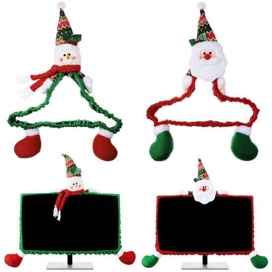 Picture of 2 Pcs Christmas Computer Monitor Cover Christmas Computer Monitor Border Cover Santa Christmas Computer Decorations Snowman Computer Screen Cover Elastic Laptop Computer Cover for Home Office Computer