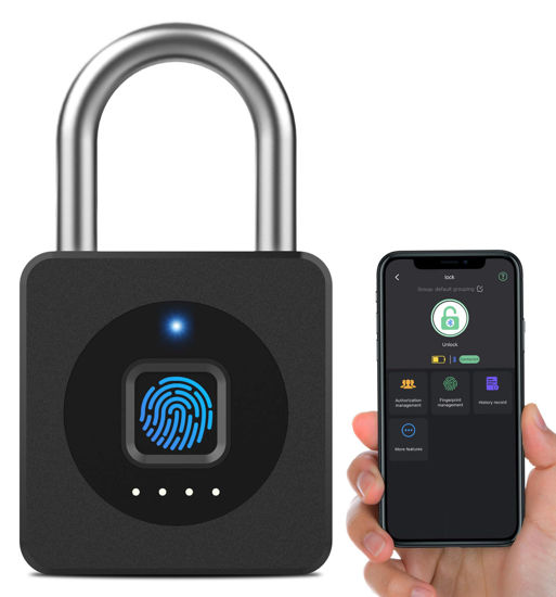 Picture of eLinkSmart Fingerprint Gym Locker Lock, Keyless Biometric Padlock, Weatherproof Electronic Digital Bluetooth App Smart Combo Pad Lock for Outdoor Fence Gate School Locker Storage Pool Shed - Black