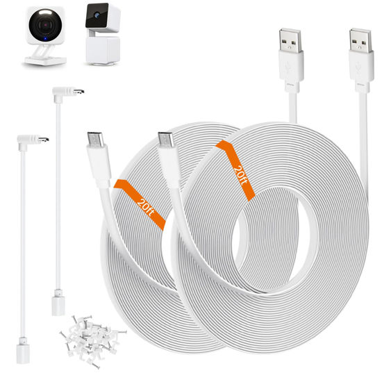 Picture of 2-Pack 20ft Power Extension Cable Compatible with Wyze Cam v4,Wyze Cam Pan v3,Wyze OG,Wyze Cam v3 and v3 Pro Security Cameras - 6m Long Flat USB to Micro USB Charging Cord with L-Shaped Adapter, White