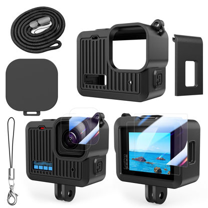 Picture of AAIOOEA Accessories Kit Compatible with Go Pro Hero Black Silicone Sleeve Protective Case Tempered Glass Screen Protector Battery Side Cover for Go Pro Hero