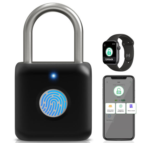Picture of Fingerprint Padlock, Pothunder Smart Padlock, Locker Lock, Combination Lock, Fingerprint Lock with APP Unlock, USB Rechargeable, Suitable for Gym Locker, Door, Locker(Black)