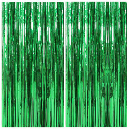 Picture of 2 Pack Foil Curtain Backdrop Green Metallic Tinsel Foil Fringe Curtains Photo Booth Props for Birthday Wedding Engagement Baby Shower Bachelorette Christmas Holiday Celebration Party Decorations