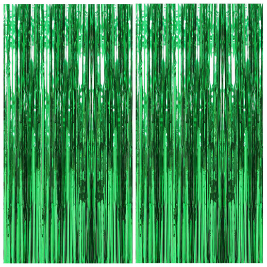 Picture of 2 Pack Foil Curtain Backdrop Green Metallic Tinsel Foil Fringe Curtains Photo Booth Props for Birthday Wedding Engagement Baby Shower Bachelorette Christmas Holiday Celebration Party Decorations