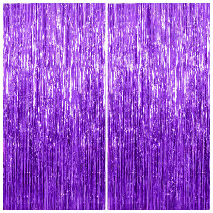 Picture of 2 Pack Foil Curtain Backdrop Purple Metallic Tinsel Foil Fringe Curtains Photo Booth Props for Birthday Wedding Engagement Baby Shower Bachelorette Christmas Holiday Celebration Party Decorations