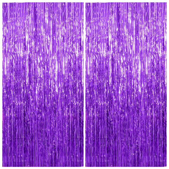 Picture of 2 Pack Foil Curtain Backdrop Purple Metallic Tinsel Foil Fringe Curtains Photo Booth Props for Birthday Wedding Engagement Baby Shower Bachelorette Christmas Holiday Celebration Party Decorations