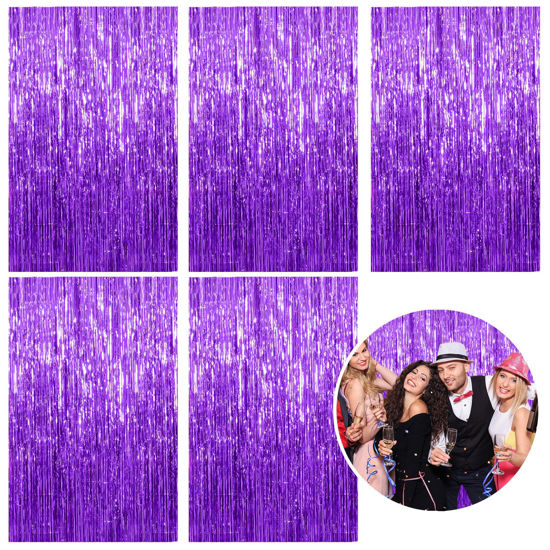 Picture of 5 Pack Foil Curtain Backdrop Purple Metallic Tinsel Foil Fringe Curtains Photo Booth Props for Birthday Wedding Engagement Baby Shower Bachelorette Christmas Holiday Celebration Party Decorations